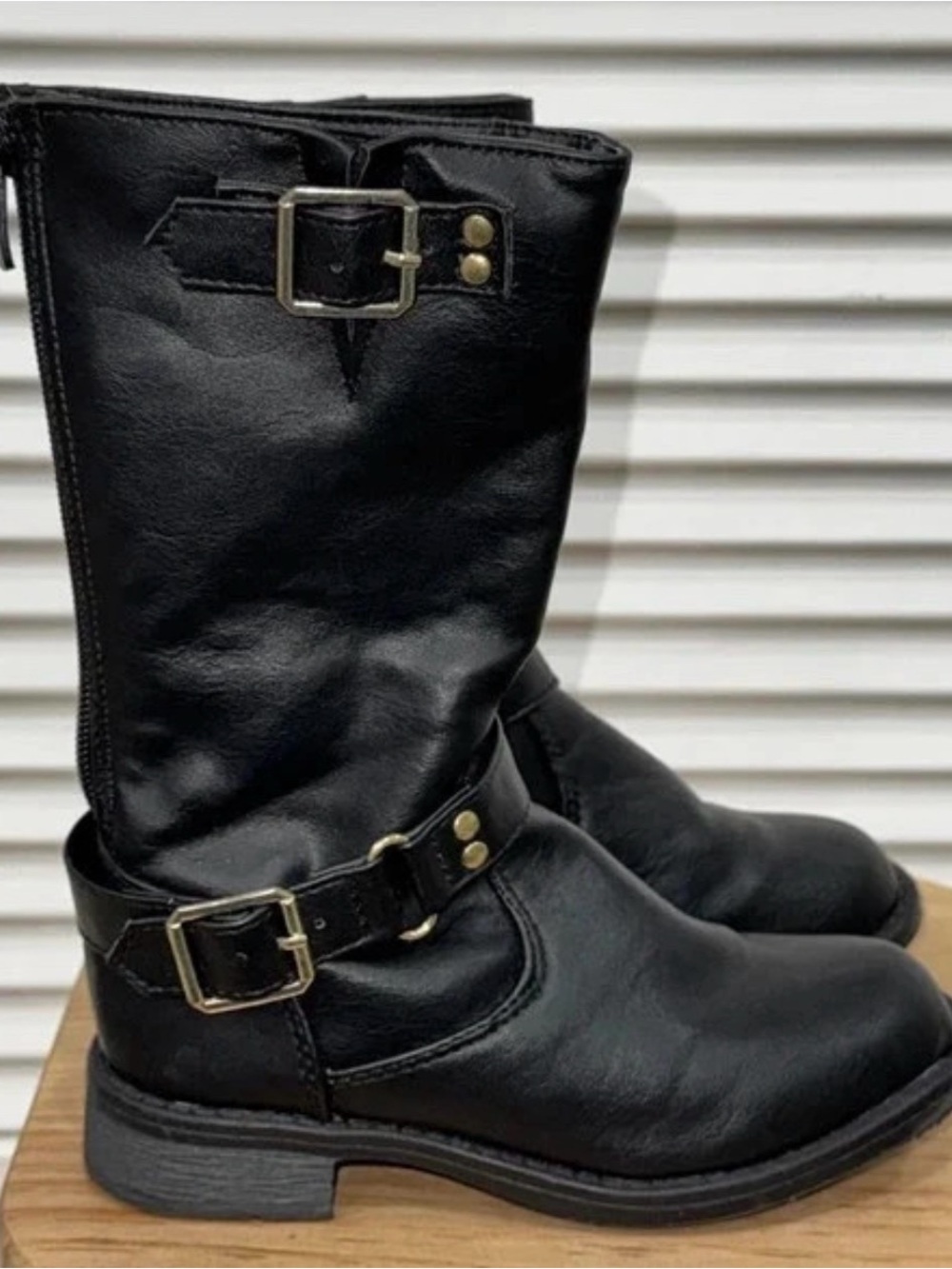 Kids Black Leather Mid-Calf Buckle Boots - 10C